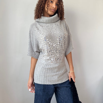 Vintage Italian Grey Sequin Embellished Knit Turtleneck Sweater Wool Angora Blend (S/M)