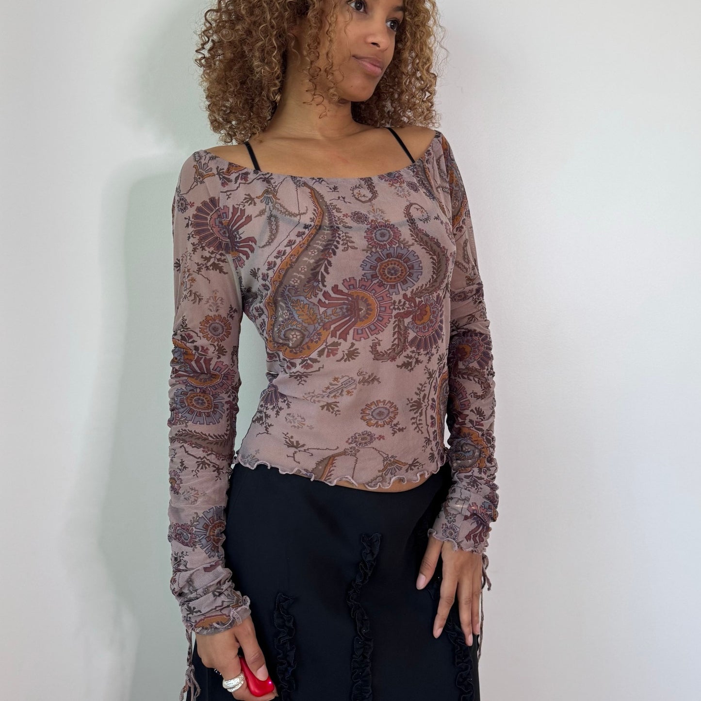 Vintage Taupe Pink Paisley Mesh Top Ruched Drawstring Marella Japan Collection Y2K (S/M)
