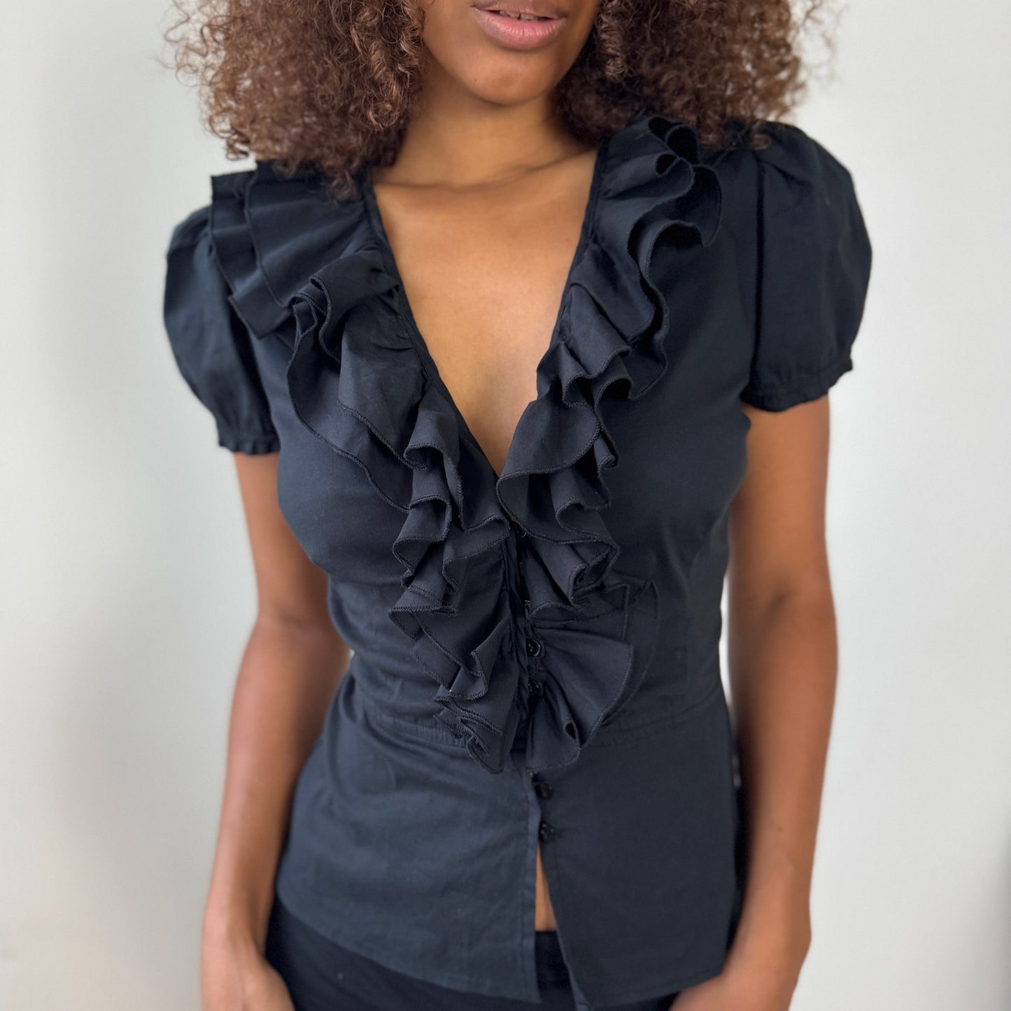 Vintage Italian Ruffle Front Button-Up Blouse (XS/S)