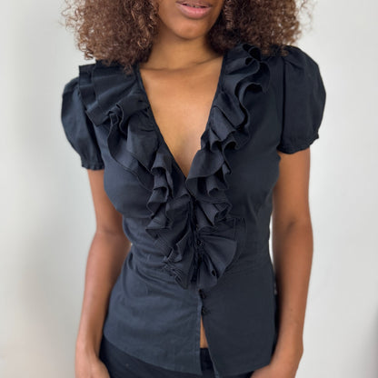 Vintage Italian Ruffle Front Button-Up Blouse (XS/S)