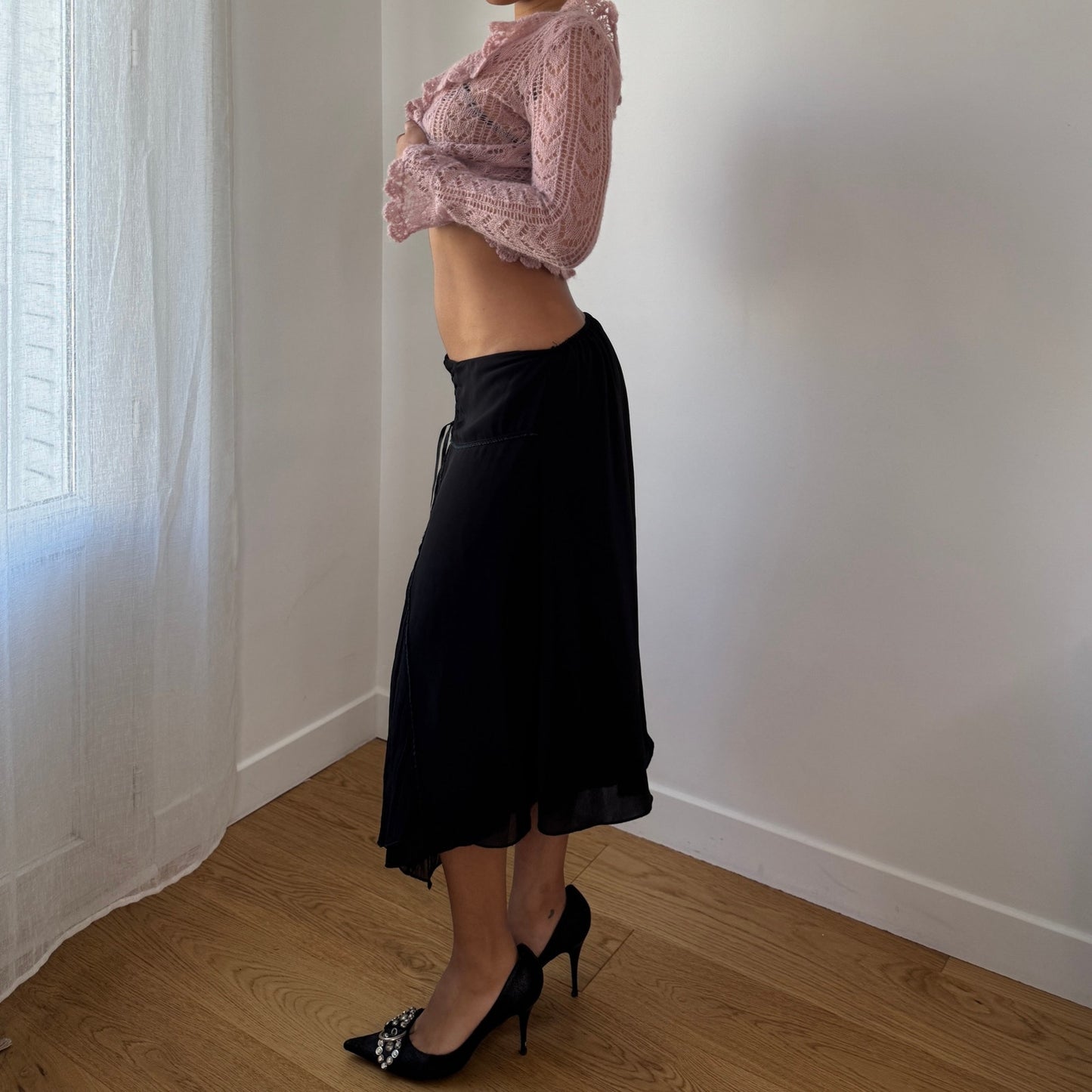 Vintage Black Mesh Midi Skirt Lace Up Waistband Y2K French (S)