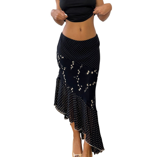 Vintage Italian Black Mesh Asymmetrical Midi Skirt with Floral Stripe and Polka dot (S)