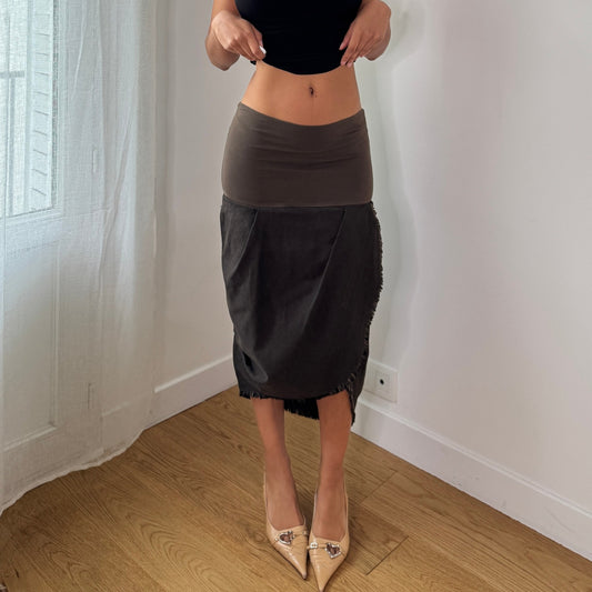 Vintage Olive Brown Asymmetrical Denim Midi Skirt Italian Y2K Avant Garde Skirt (S) ⠀