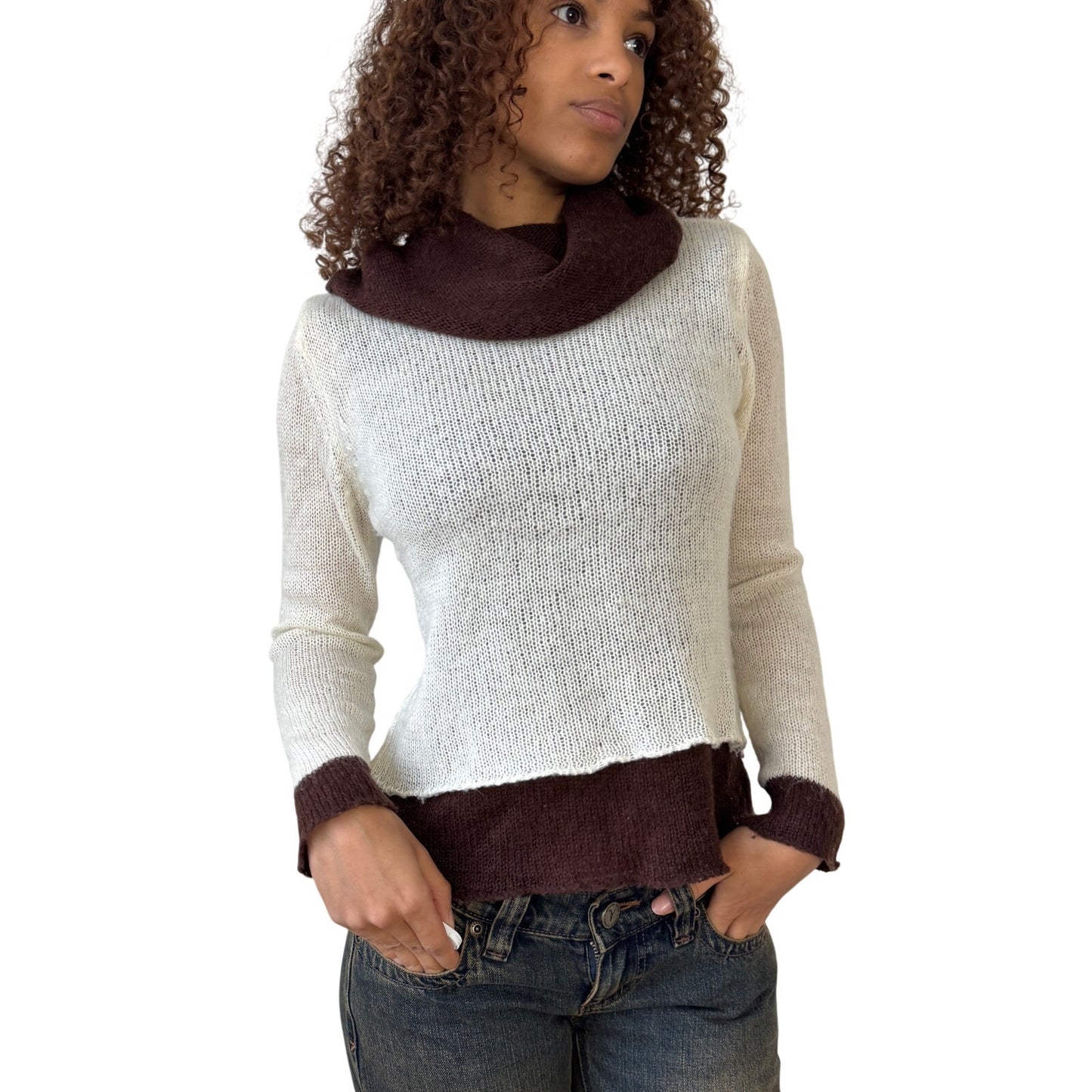 Vintage Italian layered knit sweater with contrast brown trim and cowl neckline (S)