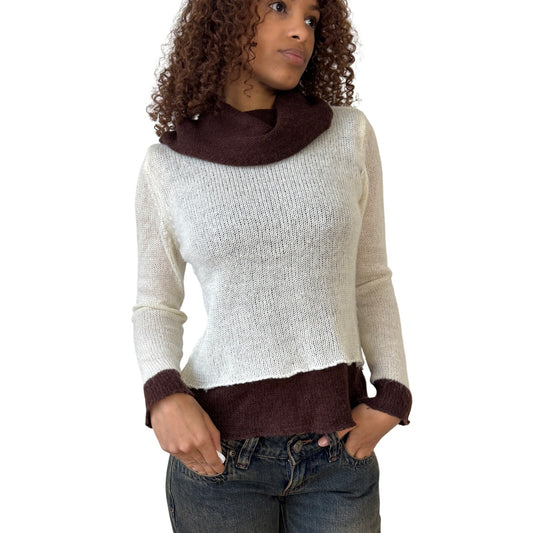 Vintage Italian layered knit sweater with contrast brown trim and cowl neckline (S)