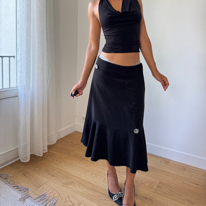 Vintage Black Asymmetrical Flounce-Hem Midi Skirt (S/M)