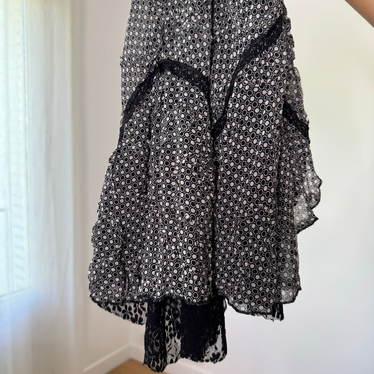 Vintage Black White Printed Mesh Ruffle Midi Skirt