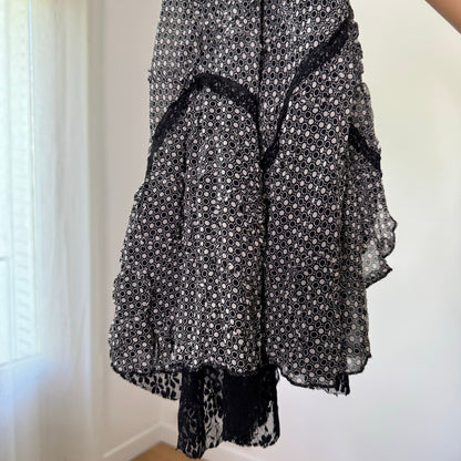 Vintage Black White Printed Mesh Ruffle Midi Skirt