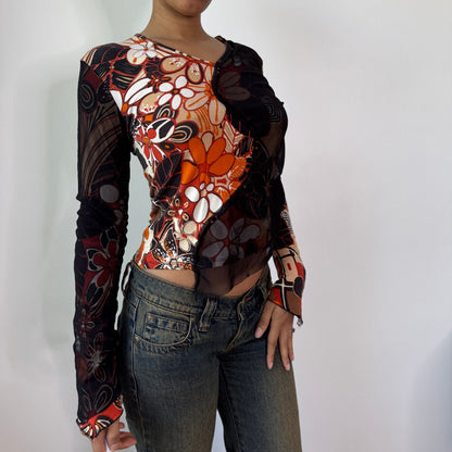 Vintage Brown Orange Abstract Slinky & Mesh Top (S/M) ⠀