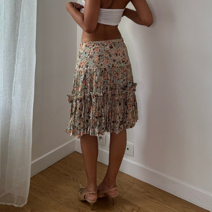Vintage Beige Peach Floral Silk Mesh Tiered Midi Skirt Italian Y2K (S)