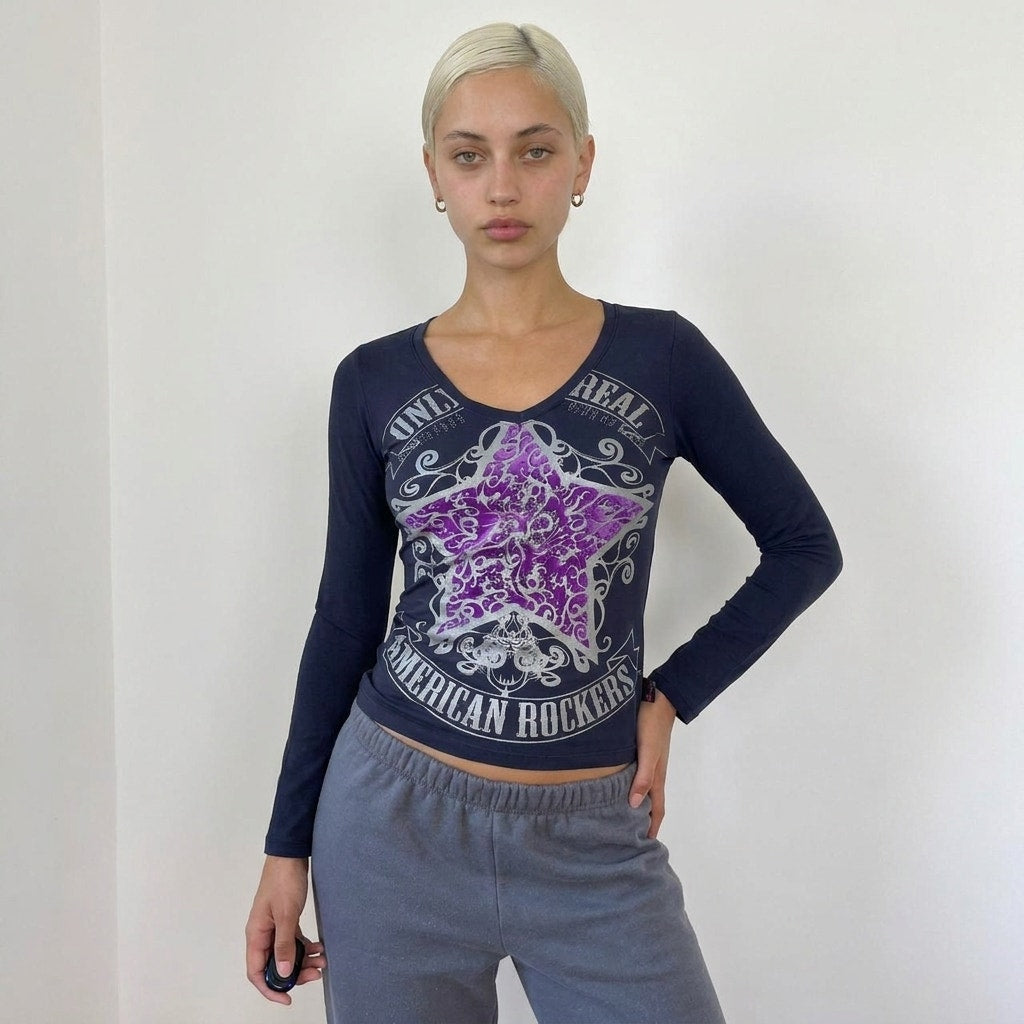 Vintage Italian Rhinestone Graphic Top Y2K Rocker Slinky Tee (S)