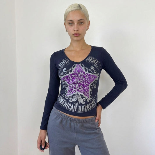 Vintage Italian Rhinestone Graphic Top Y2K Rocker Slinky Tee (S)