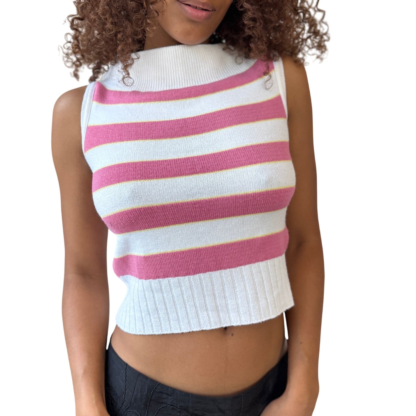 Vintage Italian pink + white striped mock-neck knit tank (Small)