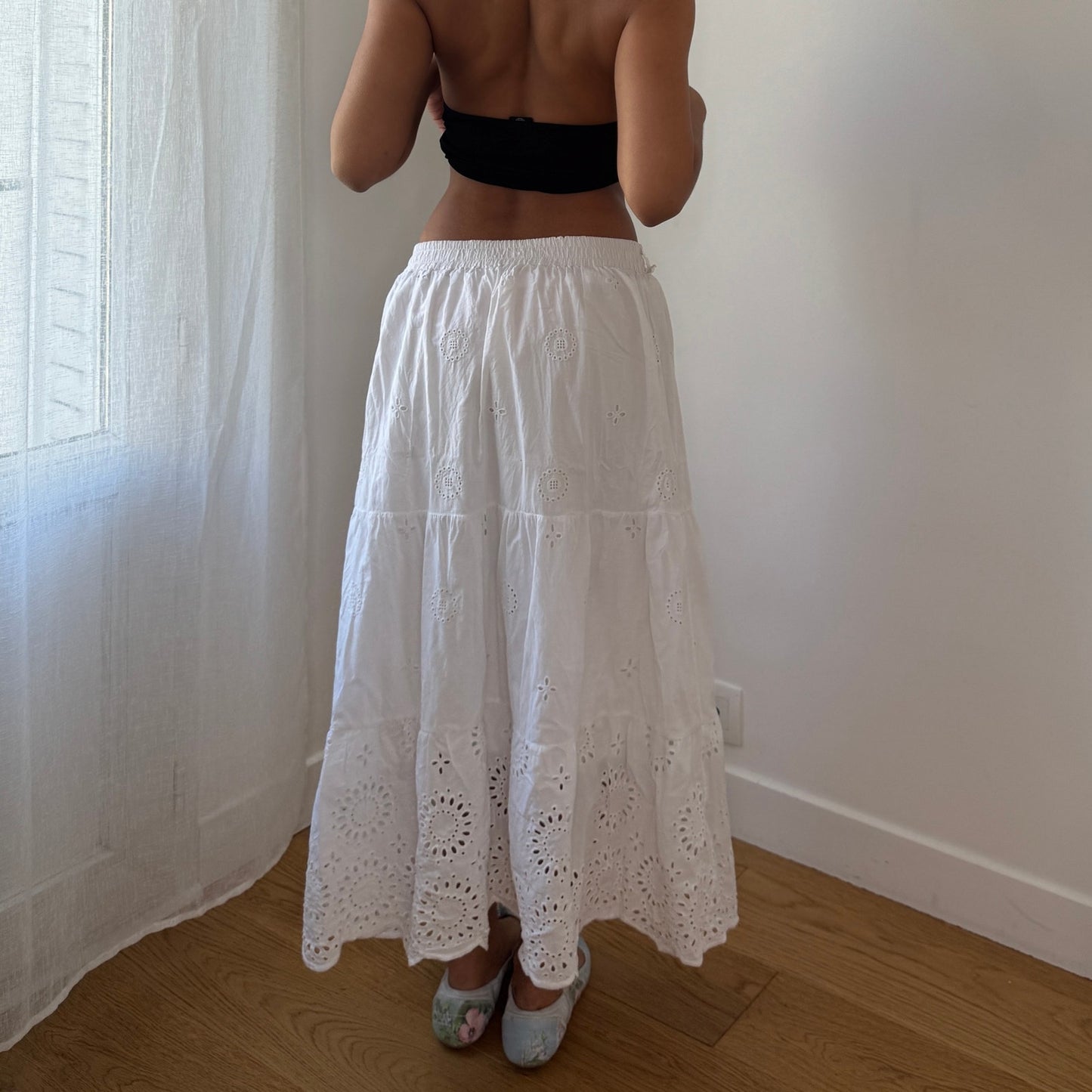 Vintage White Cotton Eyelet Broderie Maxi Skirt Elastic Waist Y2K Italian (S)
