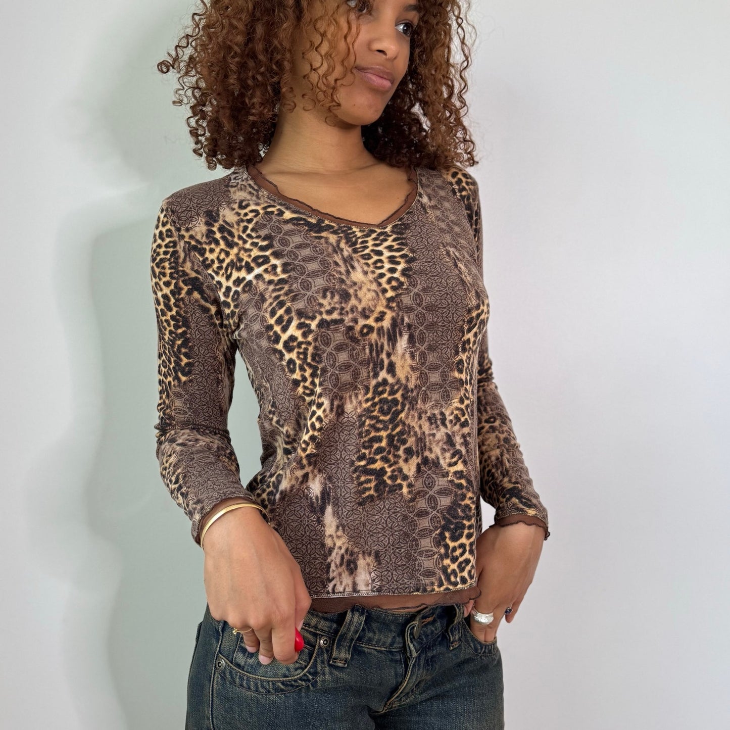 Vintage Brown Leopard Patchwork Mesh Long Sleeve Top Euro Y2K (S/M)
