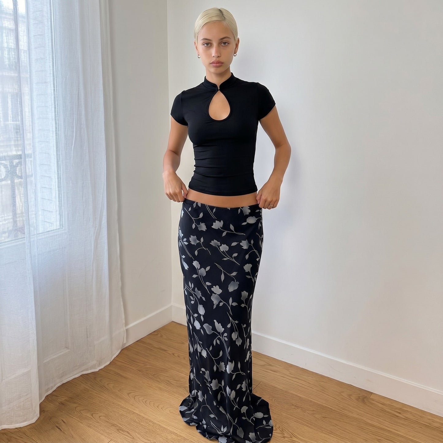 Vintage Black Floral Mesh Maxi Skirt Sheer Layered Hem Euro Sourced (S)