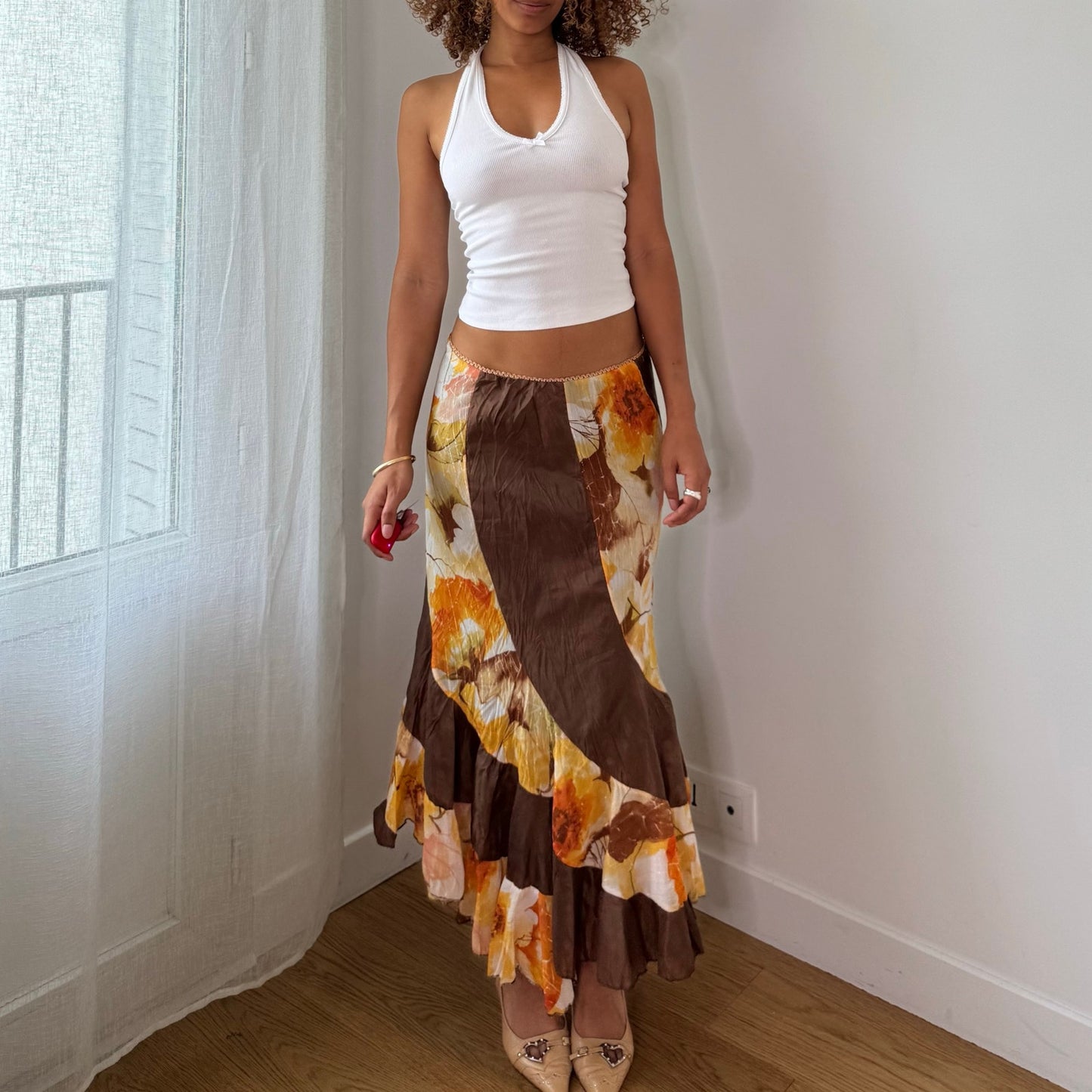 Vintage Brown Orange Floral Ruffle Maxi Skirt Mermaid Hem Italian Y2K (S)