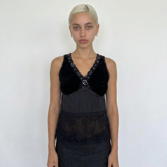 Vintage Black Velvet Lace Mesh Cami Y2K Sequin Lingerie Top (XS)