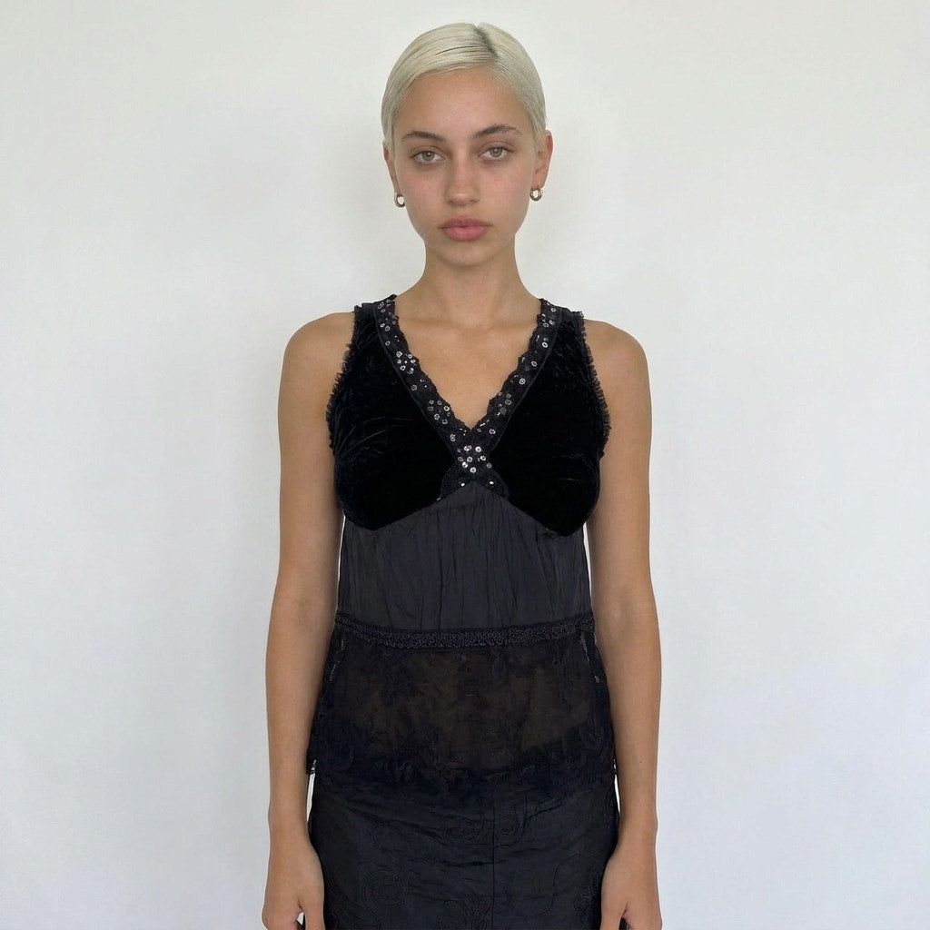 Vintage Euro Black Velvet Sequin Lace Top (XS)