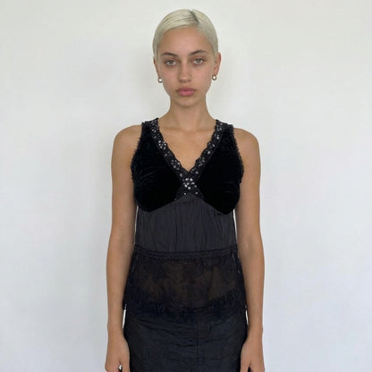 Vintage Euro Black Velvet Sequin Lace Top (XS)