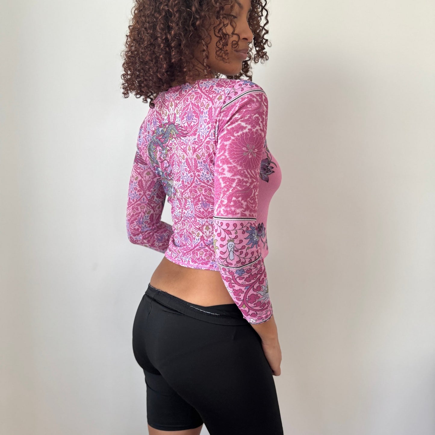 Vintage Italian Pink Floral Mesh Long Sleeve Top Semi Sheer (S)