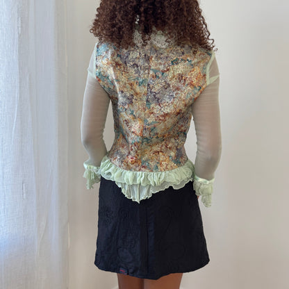 Vintage French designer mint mesh & brocade ruffle blouse (S/M)