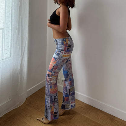 Vintage Blue Red Graphic Print Pants French Y2K Newspaper Collage (XS/S)