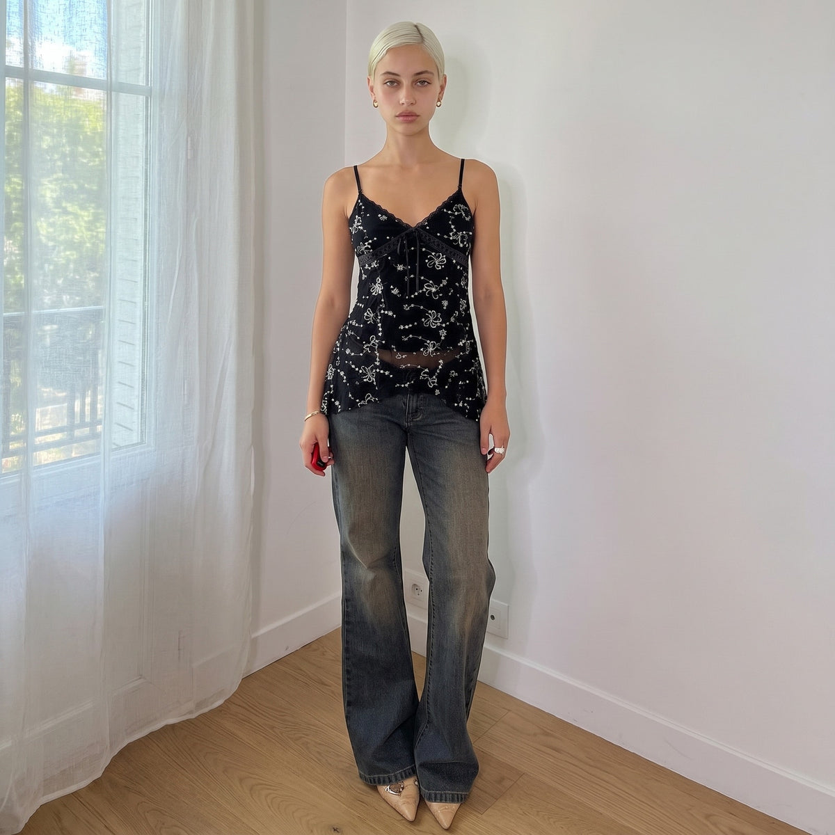 Vintage Black Embroidered Sequin Sheer Cami Top Italian Y2K (S)