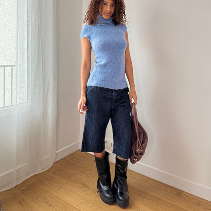 Vintage Italian Blue Mohair Wool Blend Cap Sleeves Turtleneck Knit Top (S/M)