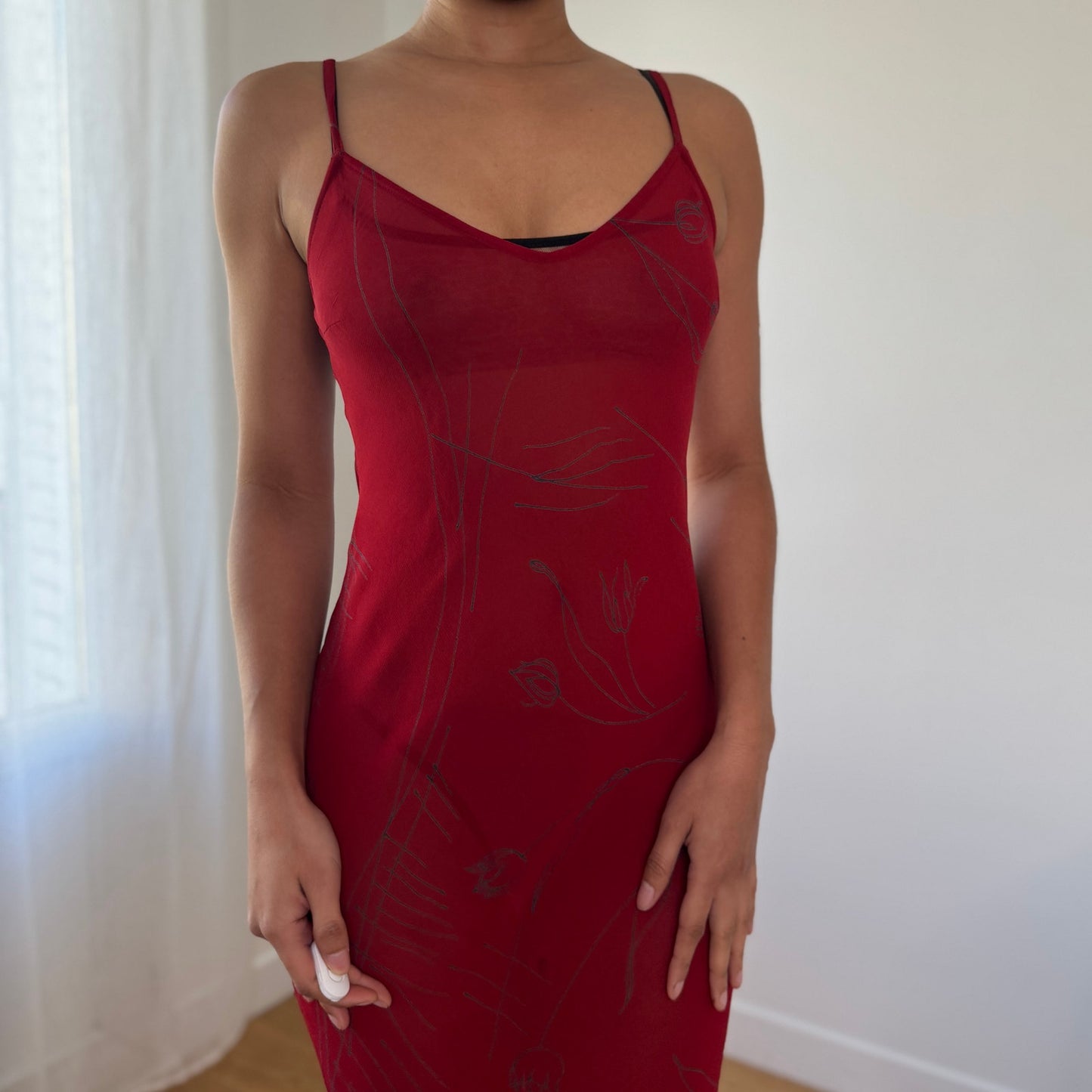 Vintage Italian Red Mesh Midi Dress Abstract Print Asymmetrical Hem (S)