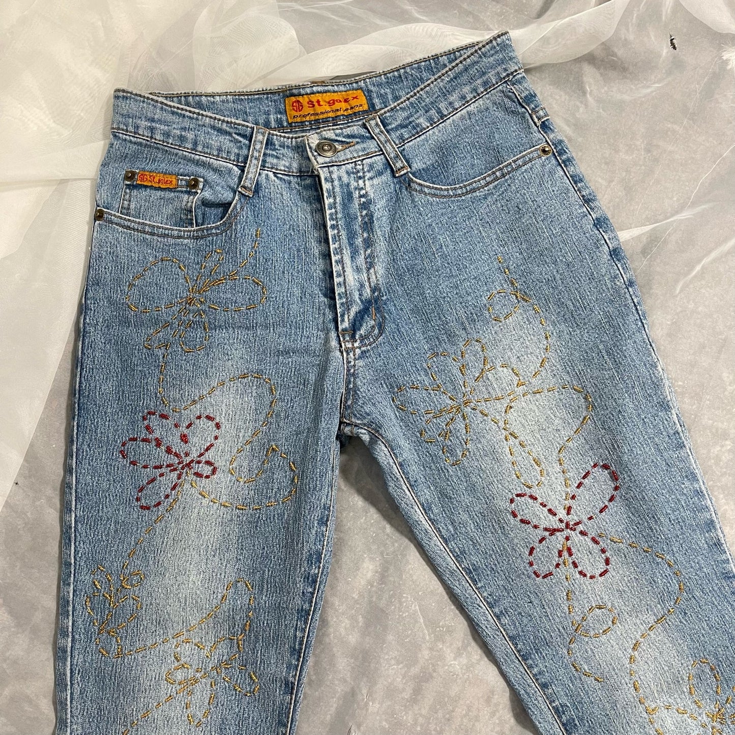 Vintage Beaded Denim Jeans low rise and flare leg fit (XS) floral