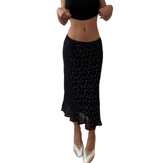 Vintage black mesh polka dot midi skirt sheer layered ruffle hem Y2K Italy (S)