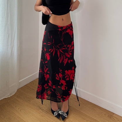 Vintage Black Red Floral Mesh Midi Skirt Ruched Italian Y2K Skirt (S) ⠀