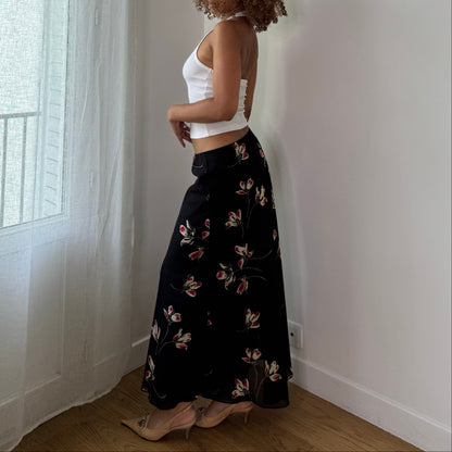 Vintage Black Floral Mesh Maxi Skirt Double Layer Viscose Italian Y2K (S)