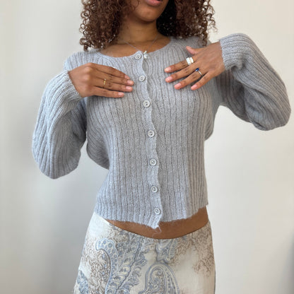 Italian Vintage light grey ribbed mohair-blend knit button-front cardigan (Medium)