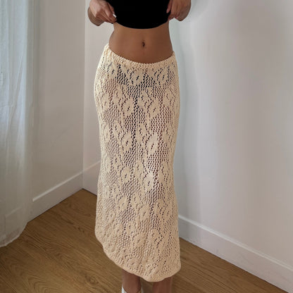 Vintage Cream Crochet Knit Maxi Skirt Boho Sheer Open Knit Skirt (XS–M) ⠀