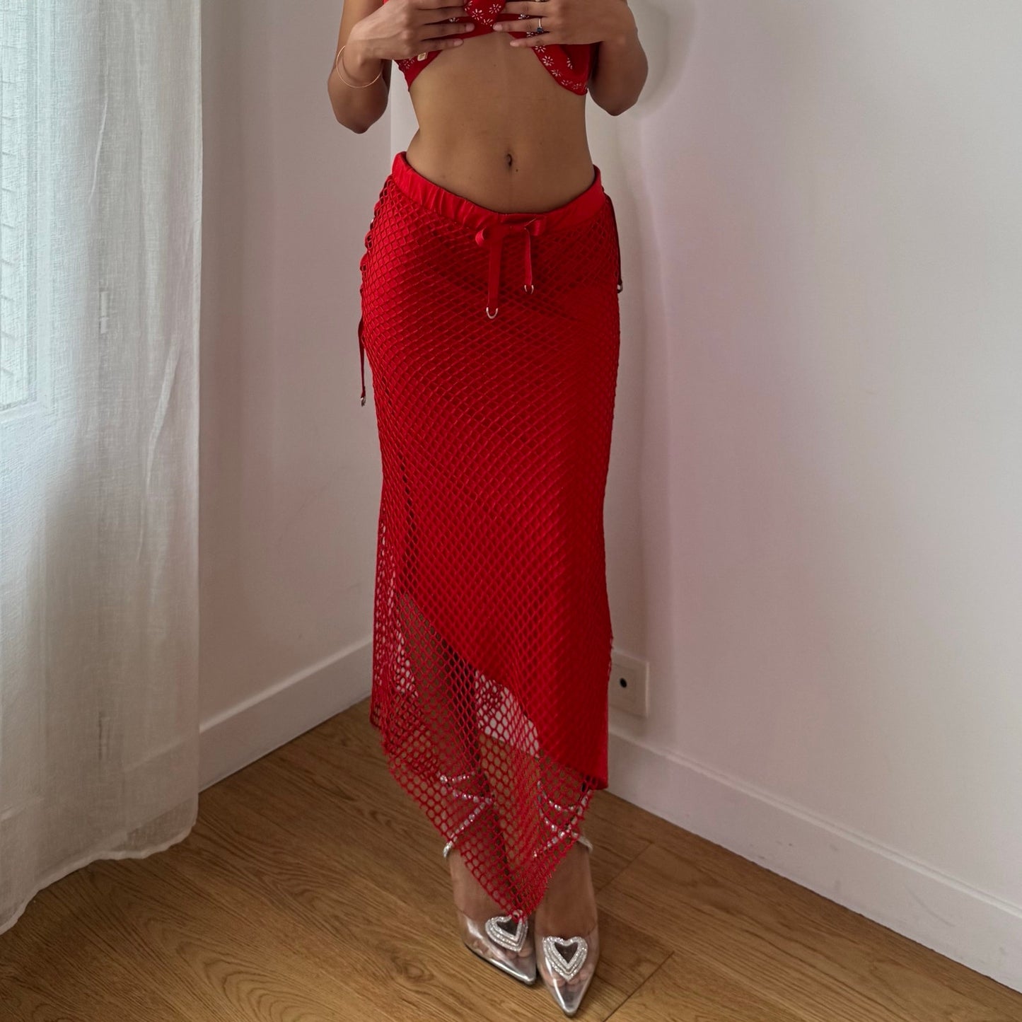 Vintage Red Fishnet Maxi Skirt Slinky Layered Y2K (S)
