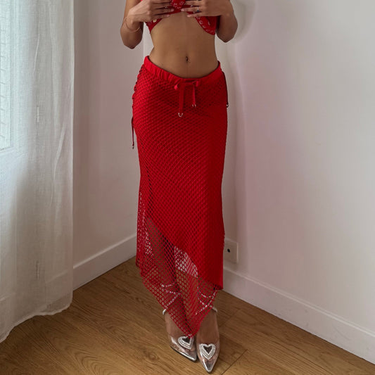 Vintage Red Fishnet Maxi Skirt Slinky Layered Y2K (S)