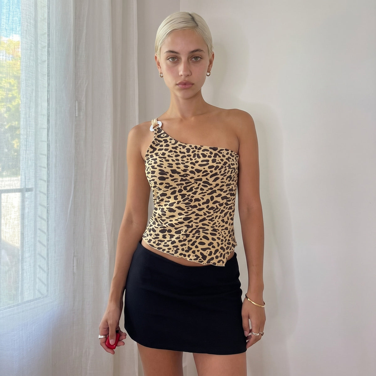 Vintage Euro Leopard Print One Shoulder Asymmetric Top Y2K (S/M)