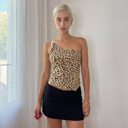 Vintage Euro Leopard Print One Shoulder Asymmetric Top Y2K (S/M)