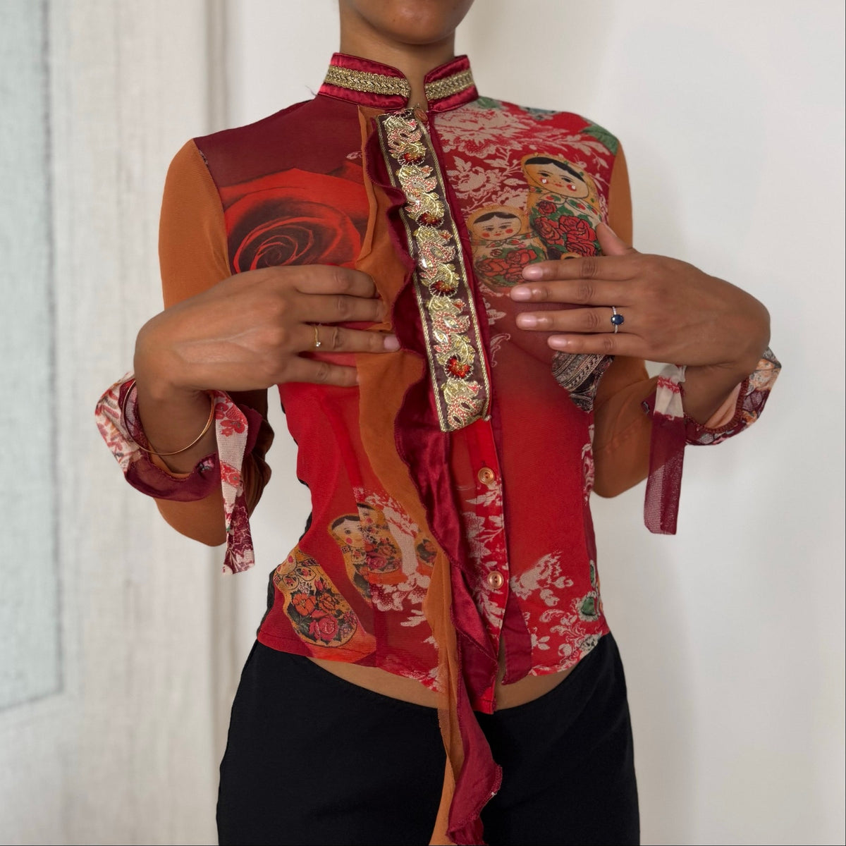 Rare Italian vintage Y2K red orange graphic print semi-sheer mesh top with sequin embellishments, lace back and ruffle trim