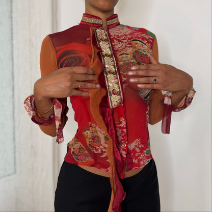 Rare Italian vintage Y2K red orange graphic print semi-sheer mesh top with sequin embellishments, lace back and ruffle trim