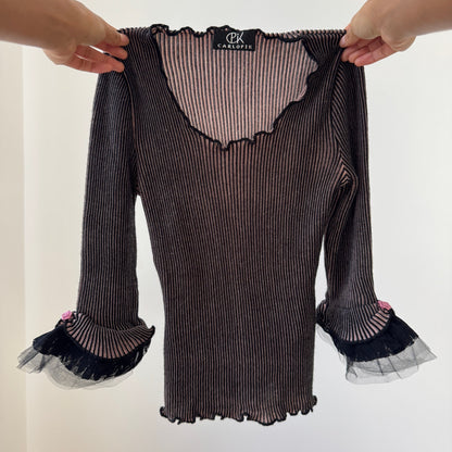 Vintage Euro black + pink mesh-knit ruffle-sleeve top (S)