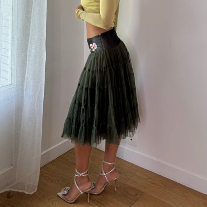 Vintage Italian Olive Green Floral Embroidered Tulle Midi Skirt Y2K (XS/S)