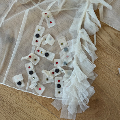 Vintage Italian cream ruffle applique sheer mesh tie-front top (Small/Medium)