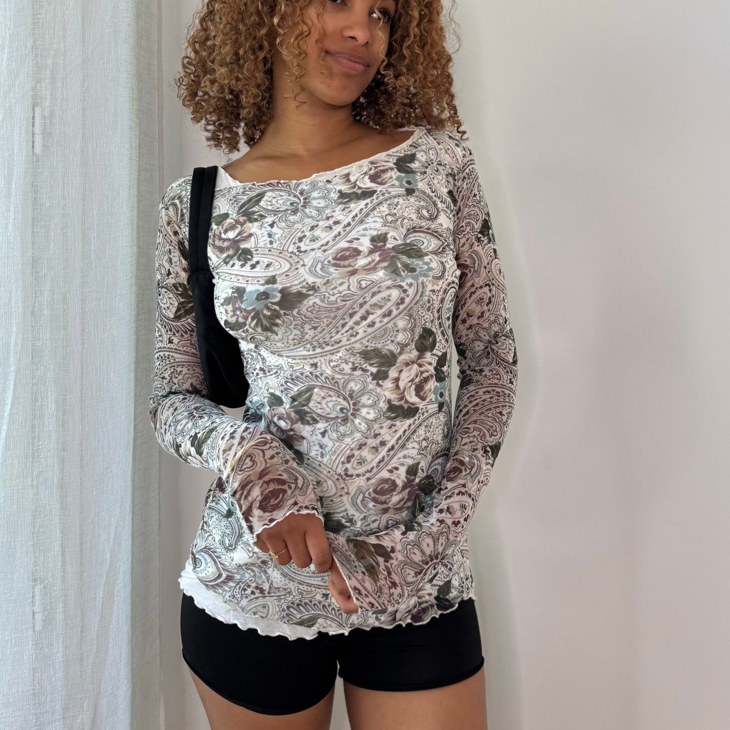 Vintage White Brown Sage Paisley Floral Mesh Top Y2K (S)