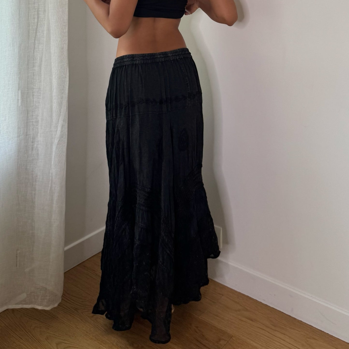 Vintage Black Sheer Lace Patchwork Maxi Skirt Euro Y2K (S/M)