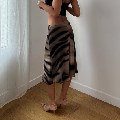 Vintage Brown Tiger Print Mesh Midi Skirt (S)