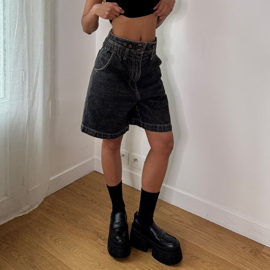 Vintage Dark Wash Denim Culotte Shorts Euro Y2K Wide Leg Jorts (S) ⠀