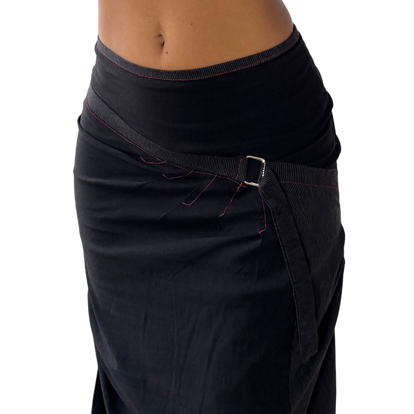 Vintage French black asymmetric wrap-style midi skirt with contrast stitching (XS/S)